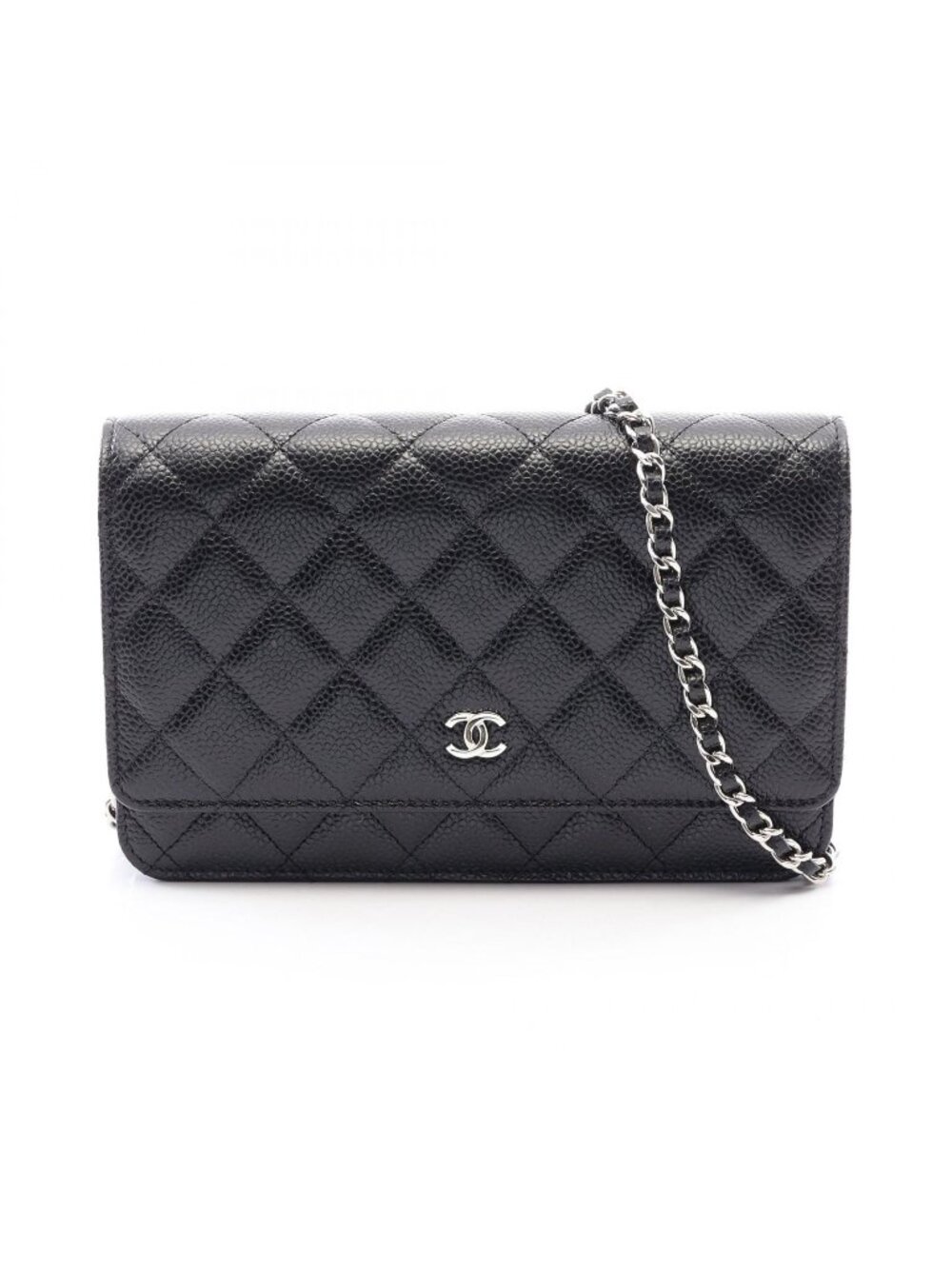Chanel Shoulder Bag Quilted Black Caviar Leather Chain Wallet